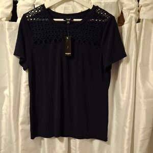 Premise Navy Eyelet Short Sleeve Top Med
